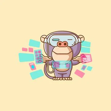 Cute monkey interact virtual reality glasses vr kawaii chibi character mascot Stock Illustration