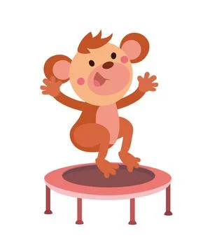 Cute monkey jumping on trampoline. Cartoon characters. Isolated vector Illustrazione stock