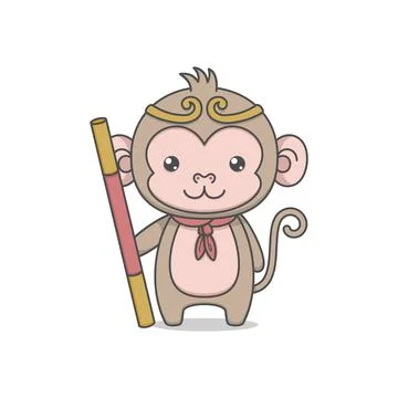 Cute Monkey King With Staff Stock Illustration