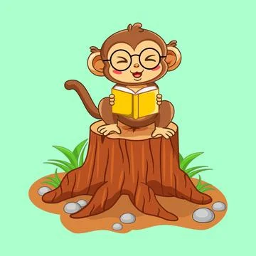 Cute Monkey Laughing While Reading a Book on a Tree Stump Stock Illustration