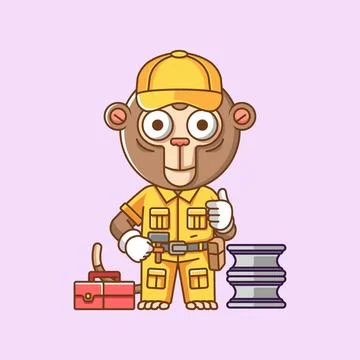 Cute monkey mechanic with tool at workshop cartoon animal character mascot Illustrazione stock