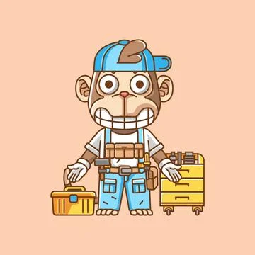 Cute monkey mechanic with tool at workshop cartoon animal character mascot Stock Illustration