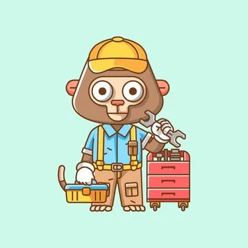Cute monkey mechanic with tool at workshop cartoon animal character mascot Illustrazione stock