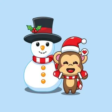 Cute monkey playing with Snowman cartoon vector illustration. Stock Illustration