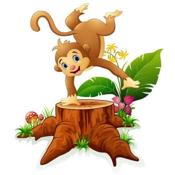Cute monkey posing on tree stump Stock Illustration