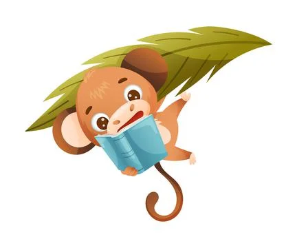 Cute Monkey Reading Book in Hard Cover Hanging on Tree Enjoying Interesting Stock Illustration