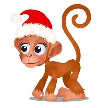 Cute monkey in a red cap of Santa Claus isolated on a white background. Sketch Stock Illustration
