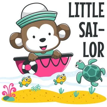 Cute monkey sailor on the boat. Can be used for t-shirt print, kids wear fa.. Stock-Illustration