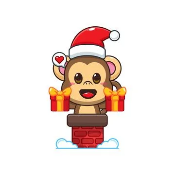 Cute monkey with santa hat holding Christmas gift box in the chimney. Stock Illustration