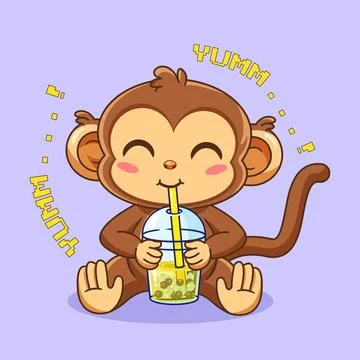 Cute Monkey Sipping Yummy Bubble Tea with a Smile Stock Illustration