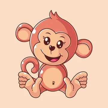 Cute monkey sitting in cartoon style Stock Illustration