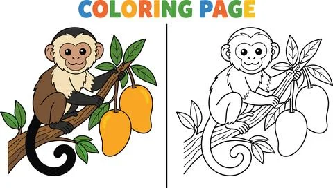 Cute Monkey Sitting on a Tree Branch with Mangoes Coloring Page. Stock-Illustration