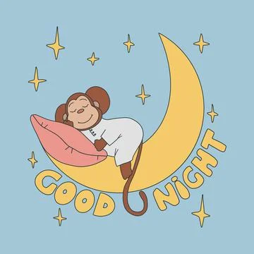 Cute monkey sleeping on the moon, vector hand drawn illustration. Stock Illustration