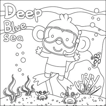 Cute monkey in snorkel mask diving in the sea isolated on white background Stock Illustration