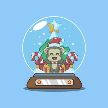 Cute monkey in snow globe cartoon vector illustratio Stock Illustration