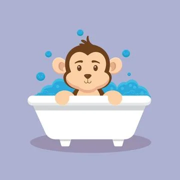 Cute Monkey Take Bath Cartoon Character Stock Illustration