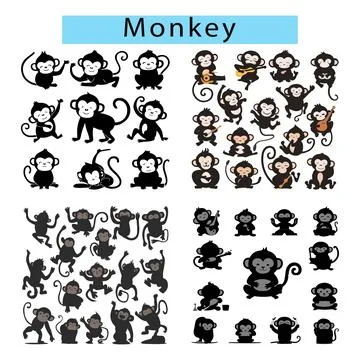 Cute Monkey vector illustration, Monkey silhouette, Monkey drawing easy Illustrazione stock