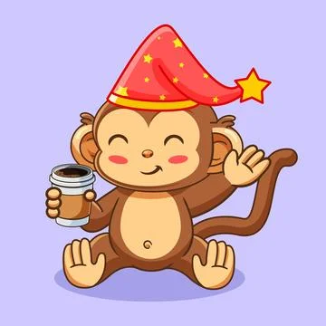 Cute Monkey Waving with Coffee and Wearing Nightcap Stock Illustration