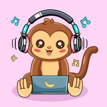 Cute Monkey Wearing Headphones Using Laptop Vector Illustration Stock Illustration
