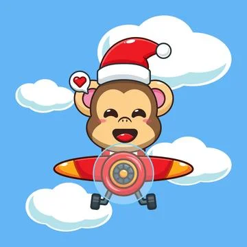 Cute monkey wearing santa hat fly with plane. Stock Illustration