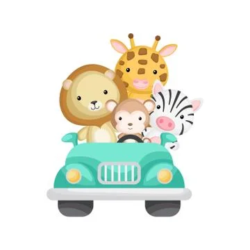 Cute monkey, zebra, giraffe and lion travel in car. Illustrazione stock