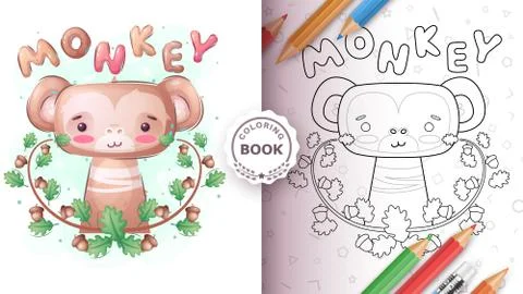 Cute monkeyinthe forest - coloring page Stock Illustration