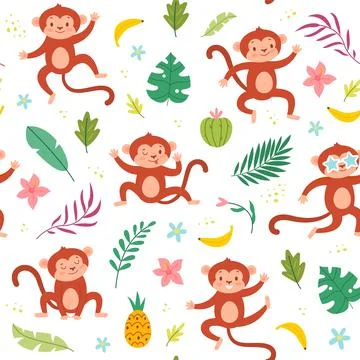 Cute monkeys seamless pattern. Tropical leaves and fruits, banana and funny 스톡 일러스트