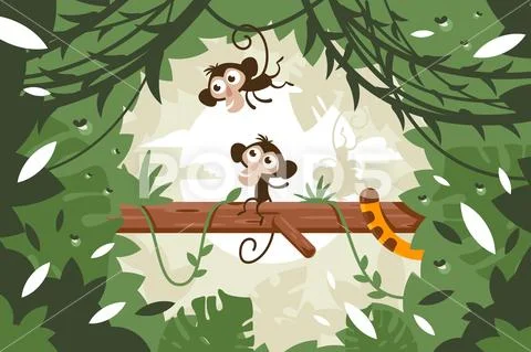 Cute monkeys on tree among vegetation and tail of tiger in jungle. Stock Illustration