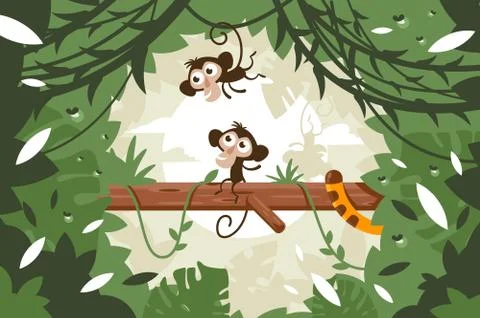 Cute monkeys on tree among vegetation and tail of tiger in jungle. Stock Illustration