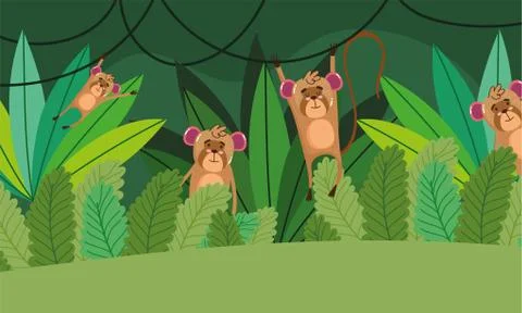 Cute monkeys trees grass forest nature wild cartoon Stock Illustration