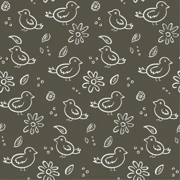 Cute monochrome pattern with birds and flowers Stock Illustration