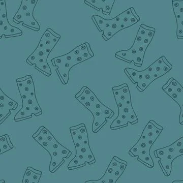 Cute monochrome seamless pattern with green hand drawn rubber boots. Flat des Illustrazione stock