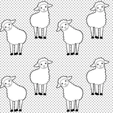 Cute monochrome seamless pattern with two cartoon sheep on dotted background Stock Illustration