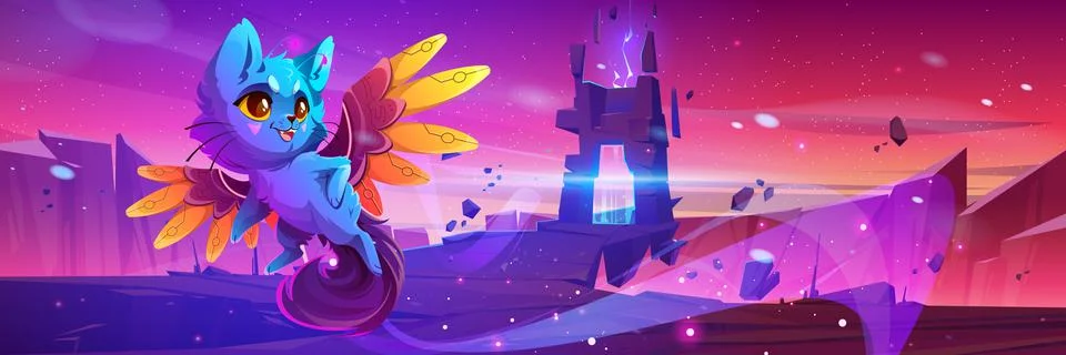 Cute monster on alien planet with magic portal Stock Illustration