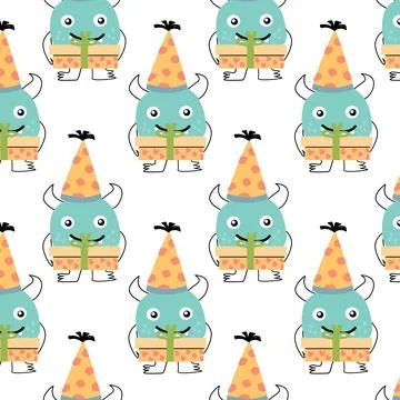 Cute monster cake present box seamless pattern Stock Illustration