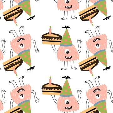 Cute monster with cake seamless pattern Illustrazione stock