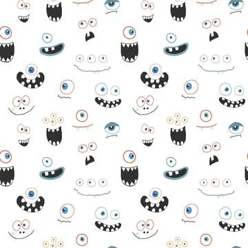 Cute monster faces seamless pattern. Cartoon monsters background. Vector il.. Illustrazione stock