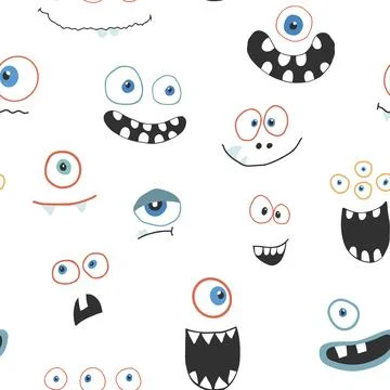 Cute monster faces seamless pattern. Cartoon monsters background. Vector il.. Illustrazione stock