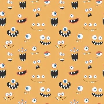 Cute monster faces seamless pattern. Cartoon monsters background. Vector il.. Illustrazione stock