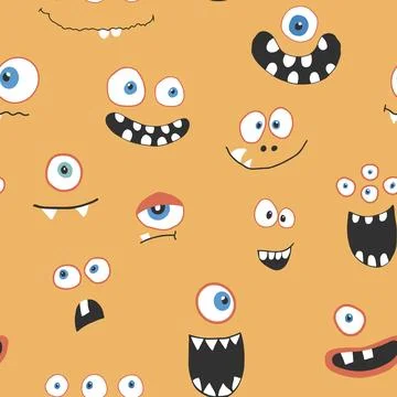 Cute monster faces seamless pattern. Cartoon monsters background. Vector il.. 스톡 일러스트