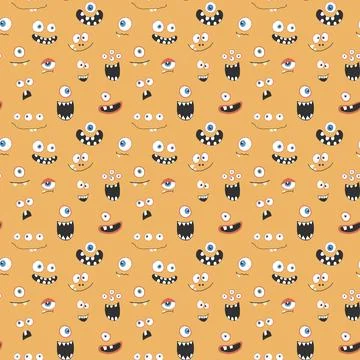 Cute monster faces seamless pattern. Cartoon monsters background. Vector il.. Illustrazione stock