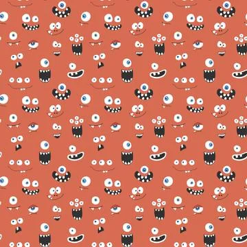 Cute monster faces seamless pattern. Cartoon monsters background. Vector il.. Stock Illustration