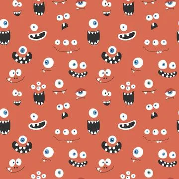 Cute monster faces seamless pattern. Cartoon monsters background. Vector il.. Illustrazione stock