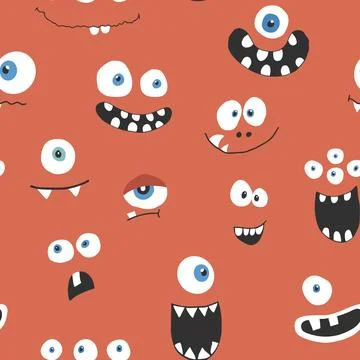 Cute monster faces seamless pattern. Cartoon monsters background. Vector il.. Illustrazione stock