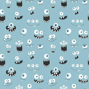 Cute monster faces seamless pattern. Cartoon monsters background. Vector il.. Illustrazione stock