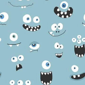 Cute monster faces seamless pattern. Cartoon monsters background. Vector il.. 스톡 일러스트
