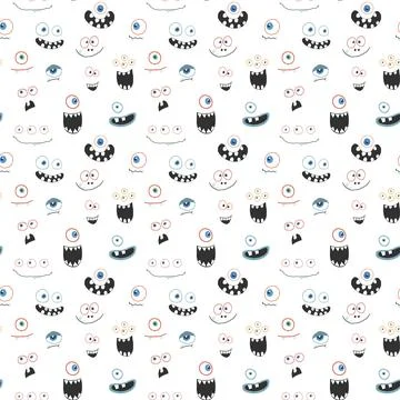 Cute monster faces seamless pattern. Cartoon monsters background. Vector il.. Stock Illustration