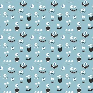 Cute monster faces seamless pattern. Cartoon monsters background. Vector il.. 스톡 일러스트