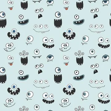 Cute monster faces seamless pattern. Cartoon monsters background. Vector il.. Stock Illustration
