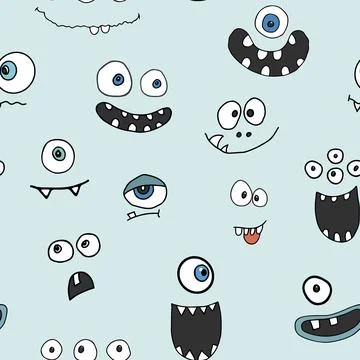 Cute monster faces seamless pattern. Cartoon monsters background. Vector il.. 스톡 일러스트